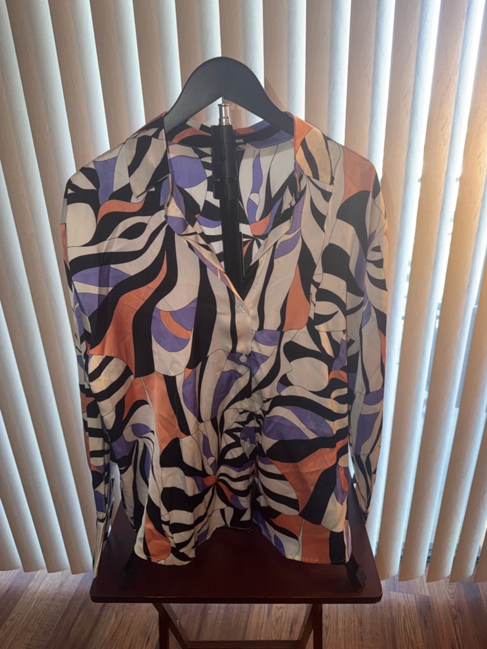 Fashion Nova Abstract Button-Down Top - Purple, Black & Peach
